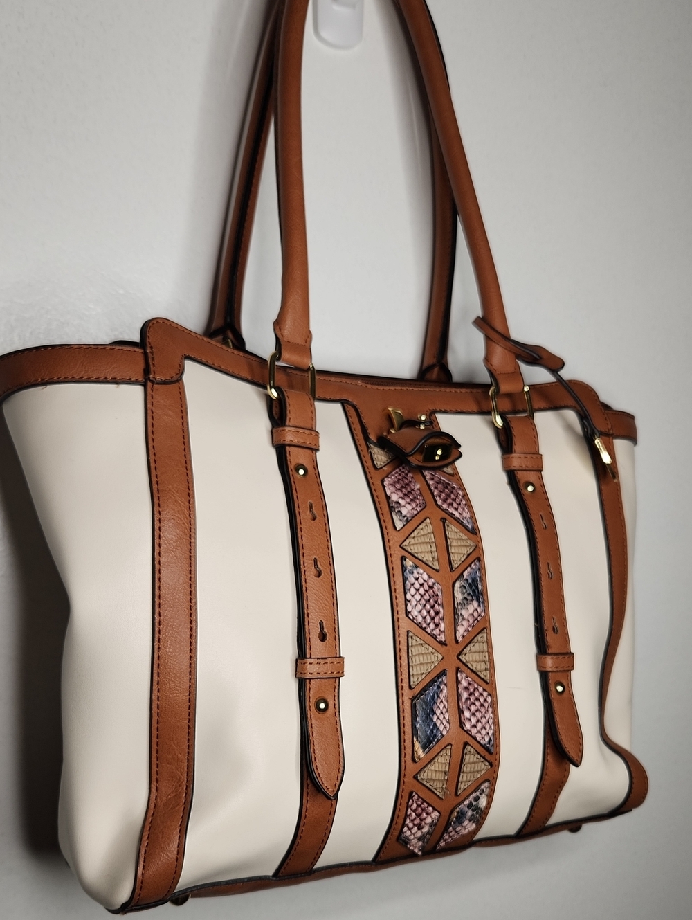 London Fog Patchwork xbody vegan tote, cream/multi. Preloved item sold as is